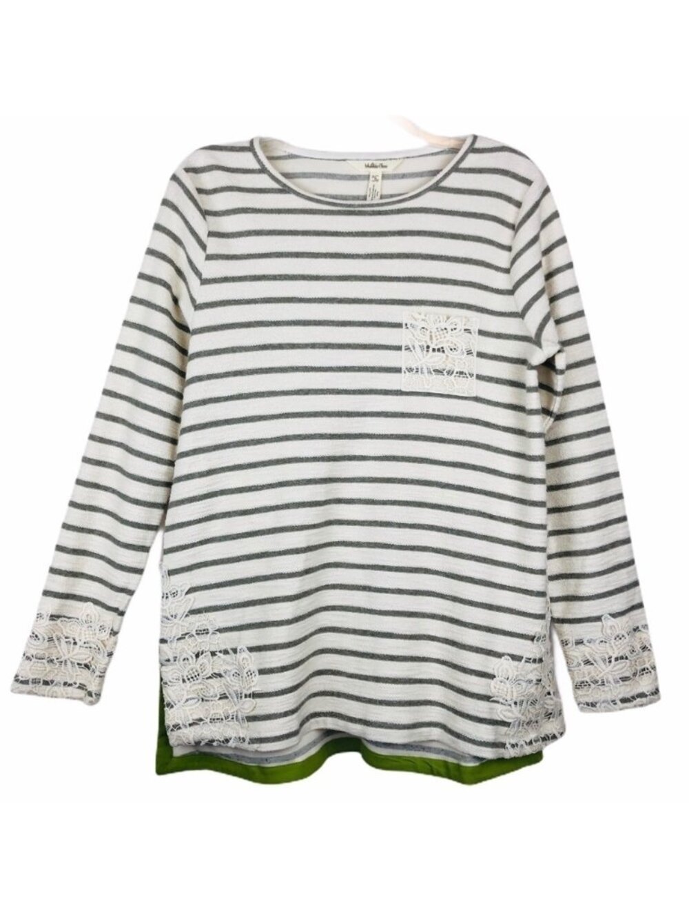 Matilda Jane Striped Tunic Grey Ivory Lace Trim Long Sleeve Green Hem Small